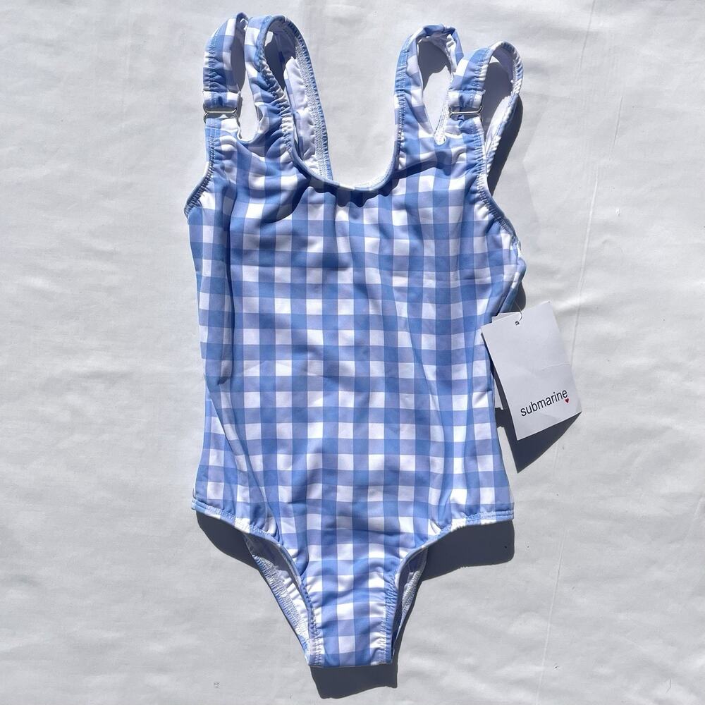 Submarine Designer One Piece Swimsuit Little Girls 4 Gingham Blue Strappy